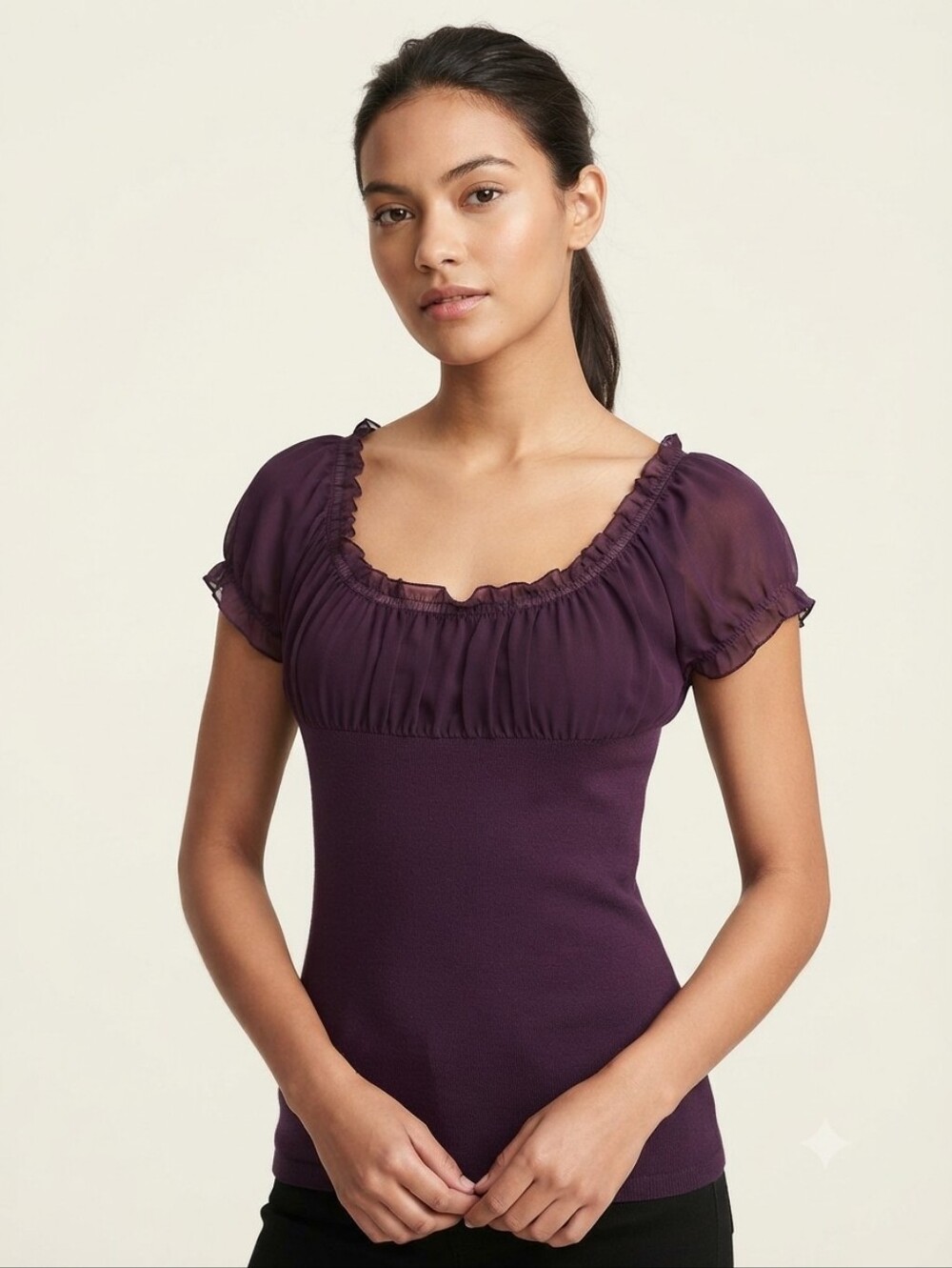 Kenar Puff-Sleeve Ribbed Top in Plum